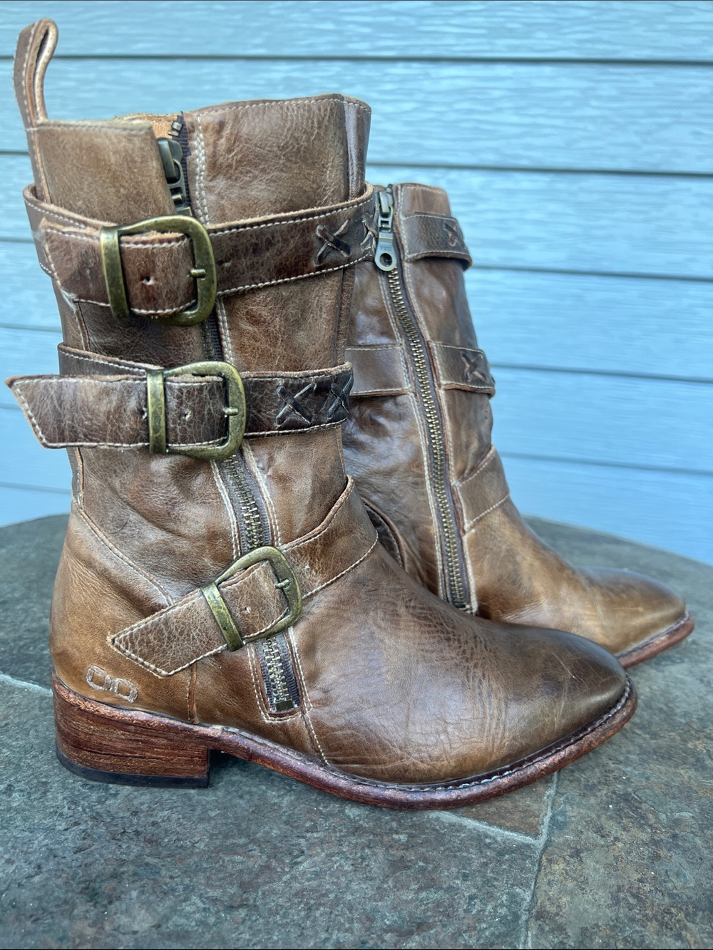 Bed Stu Brown Leather Triple-Buckle Ankle Boots